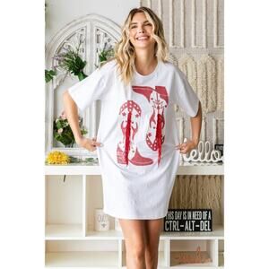"Cowgirl Fringe" Boots Sequined Patch Tee Dress in White